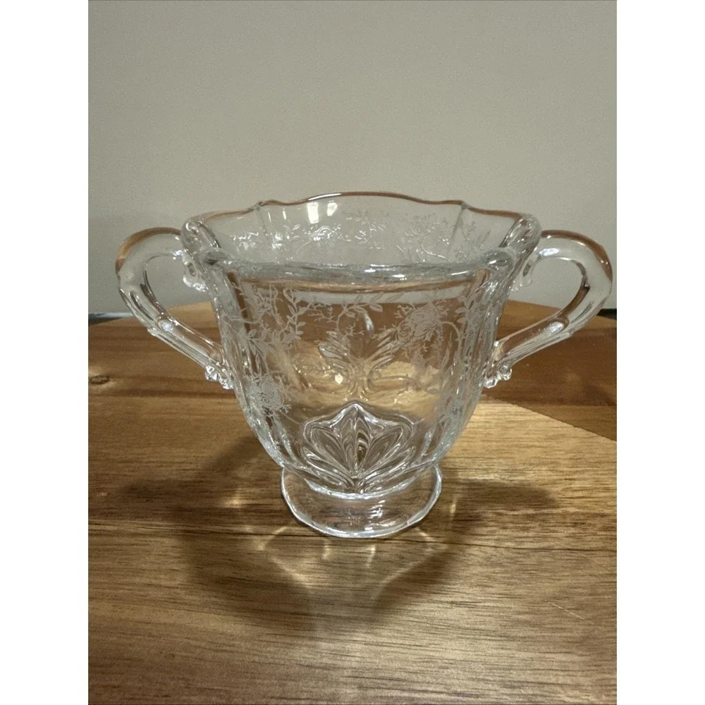 Vintage Etched‎ Glass Creamer Sugar Bowl Set Floral Cottagecore 3 piece